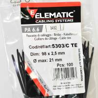 100 Stk Elematic Kabelbinder Schwarz 98 x 2,5mm max O 21mm made in Italy  -new-